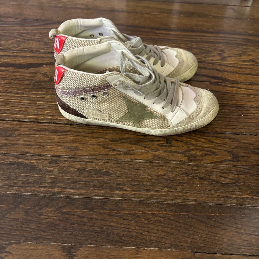 Golden Goose Beige White Metallic Star High-Top Sneakers